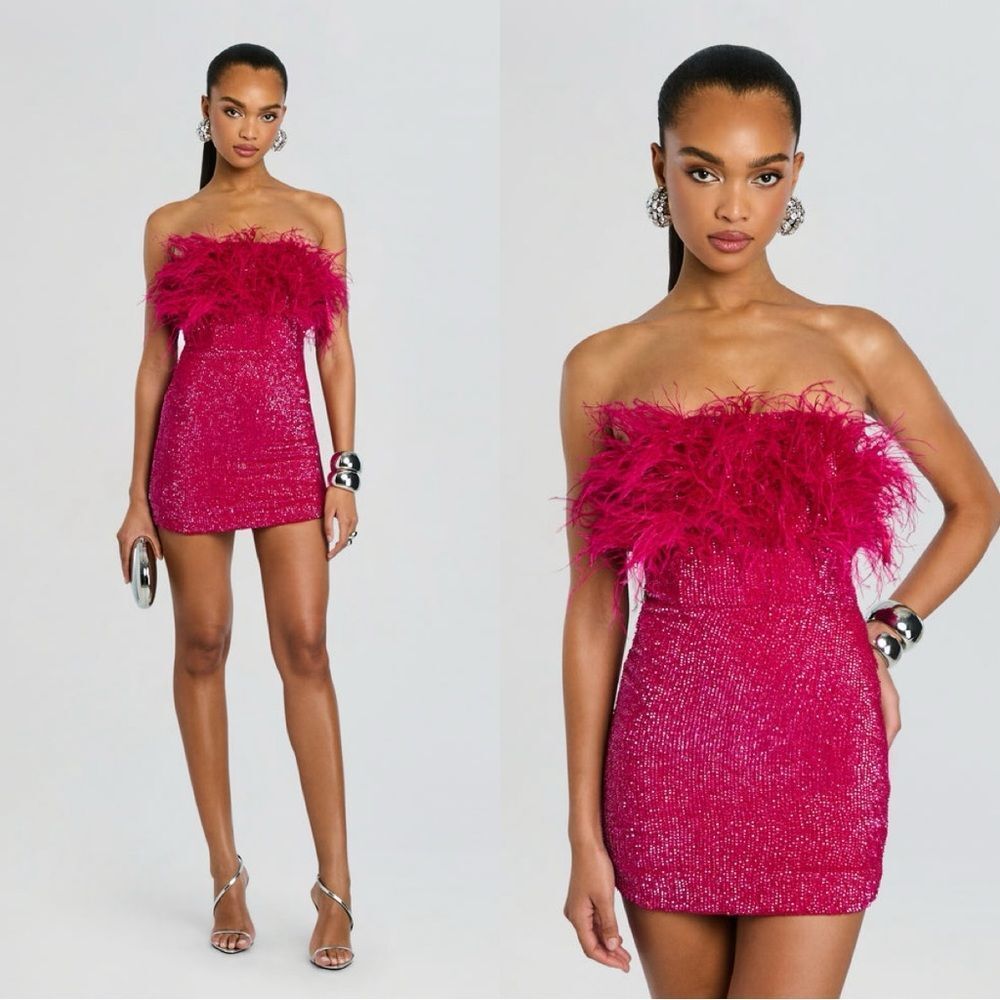 Retrofête Torin sequin mini dress in fuchsia with an ostrich feather trim